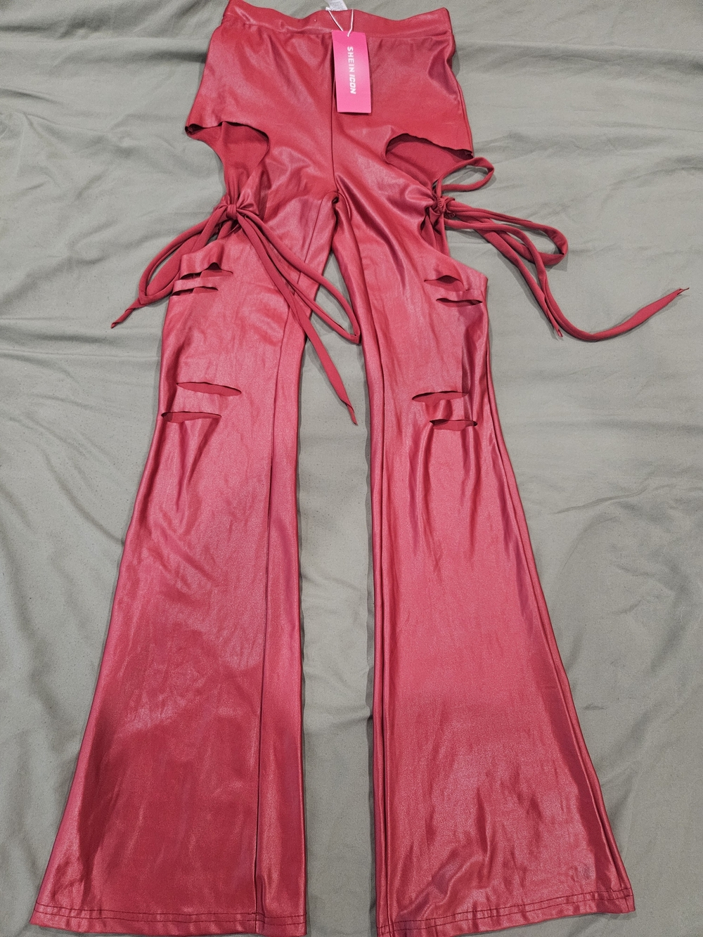 SHEIN Hot Pink Faux Leather Flare Pants with Side Cutouts & Ties